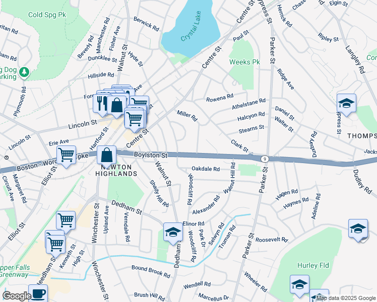 map of restaurants, bars, coffee shops, grocery stores, and more near 745 Boylston Street in Newton