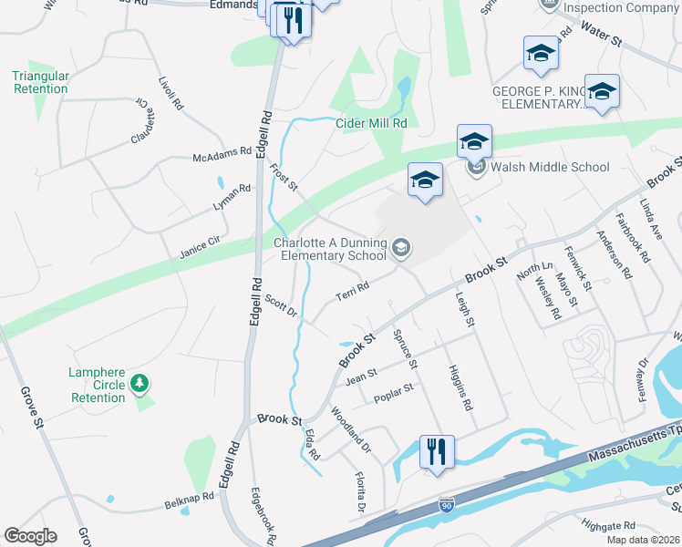 map of restaurants, bars, coffee shops, grocery stores, and more near 11 Winifred Road in Framingham