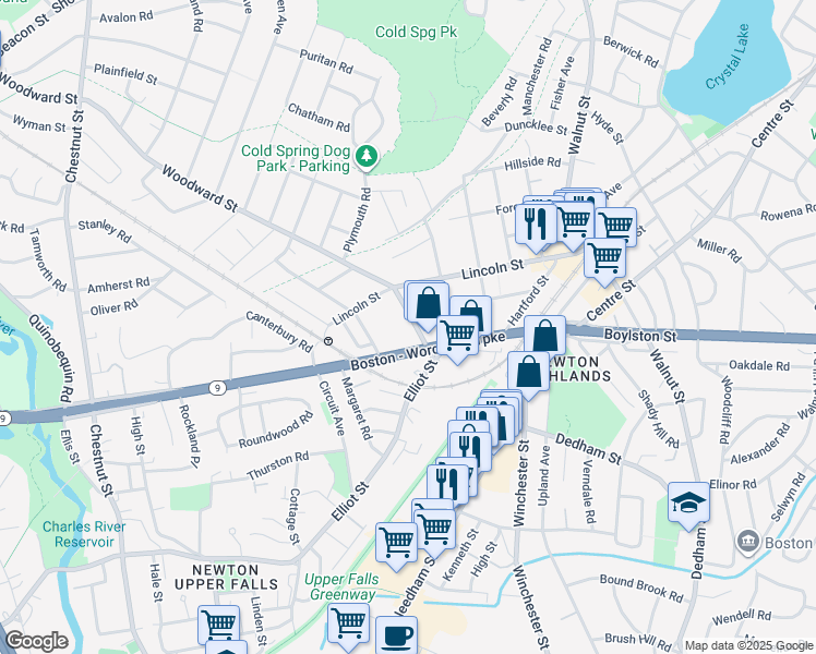 map of restaurants, bars, coffee shops, grocery stores, and more near 28 Woodward Street in Newton