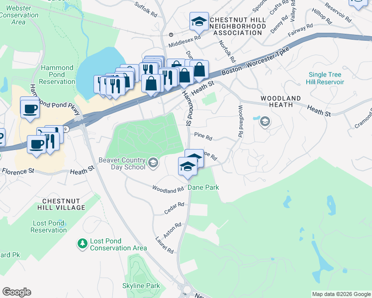 map of restaurants, bars, coffee shops, grocery stores, and more near 727 Hammond Street in Brookline