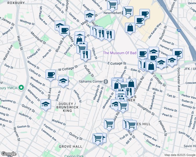 map of restaurants, bars, coffee shops, grocery stores, and more near 652 Dudley Street in Dorchester