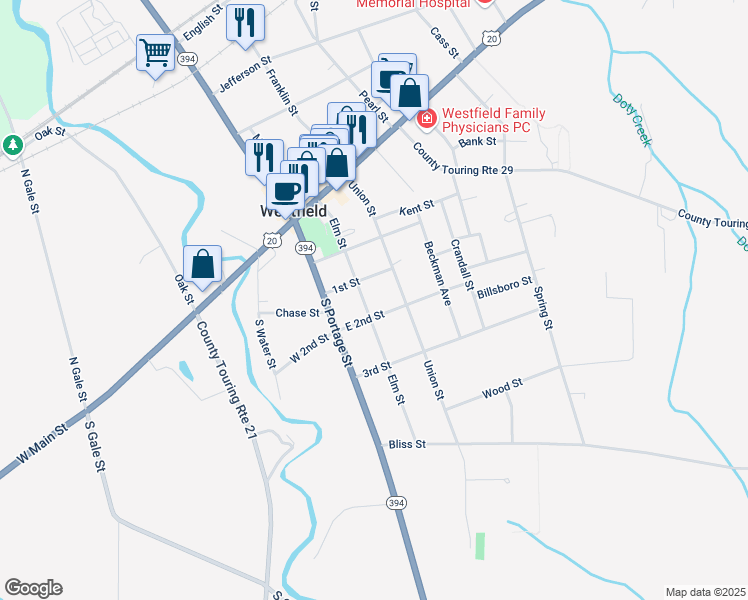 map of restaurants, bars, coffee shops, grocery stores, and more near 67 Elm Street in Westfield