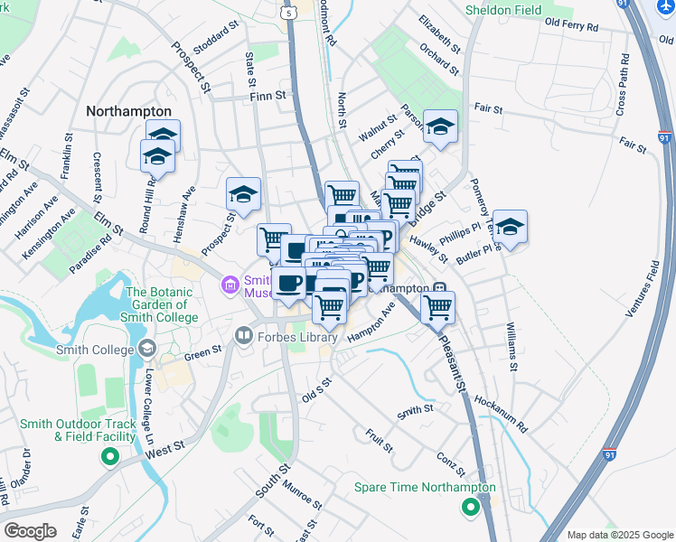 map of restaurants, bars, coffee shops, grocery stores, and more near 109 Main Street in Northampton