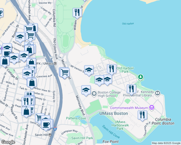 map of restaurants, bars, coffee shops, grocery stores, and more near 250 Mount Vernon Street in Boston