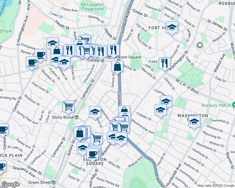 map of restaurants, bars, coffee shops, grocery stores, and more near 1841-1843 Columbus Avenue in Boston