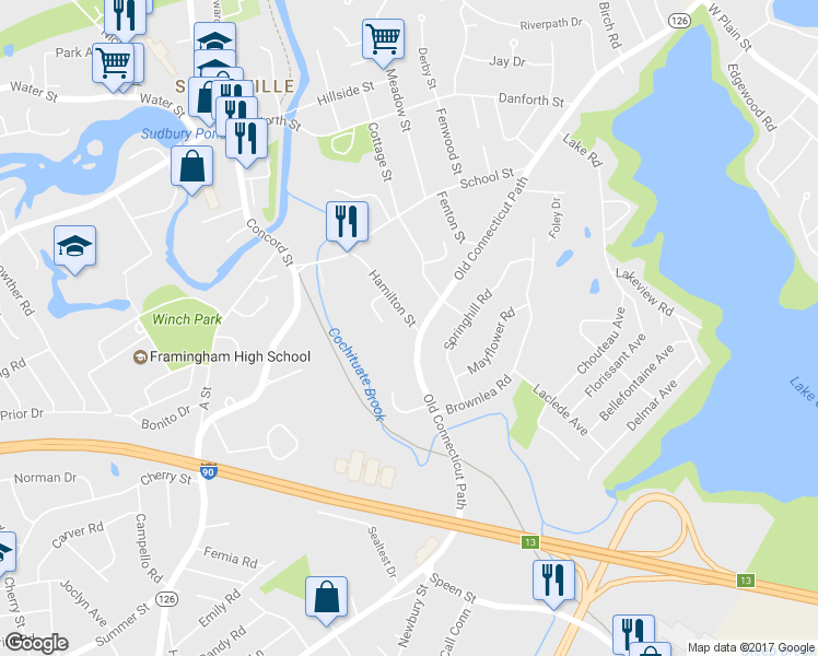map of restaurants, bars, coffee shops, grocery stores, and more near 35 Hamilton Street in Framingham