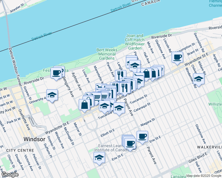 map of restaurants, bars, coffee shops, grocery stores, and more near 834 Brant Street in Windsor