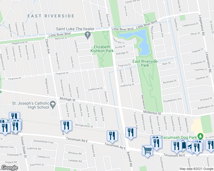map of restaurants, bars, coffee shops, grocery stores, and more near 1976 Questa Drive in Windsor