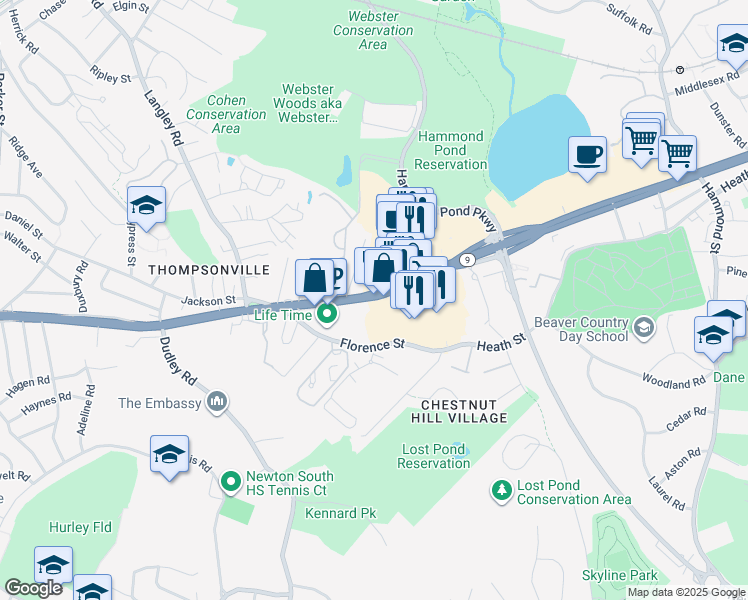 map of restaurants, bars, coffee shops, grocery stores, and more near 250 Massachusetts 9 in Newton