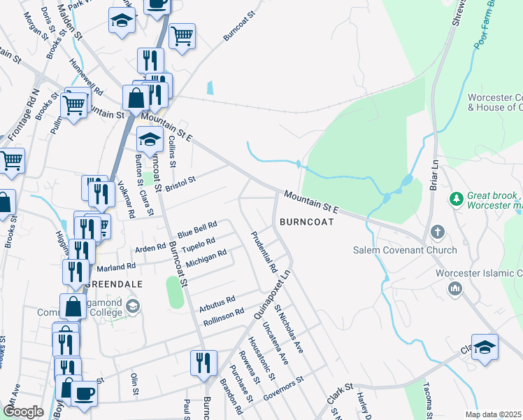 map of restaurants, bars, coffee shops, grocery stores, and more near 10 Winston Road in Worcester