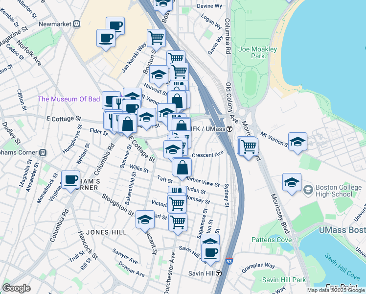 map of restaurants, bars, coffee shops, grocery stores, and more near 923 Dorchester Avenue in Boston