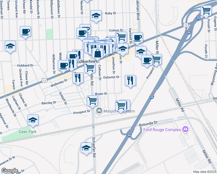 map of restaurants, bars, coffee shops, grocery stores, and more near 4244 Bingham Street in Dearborn