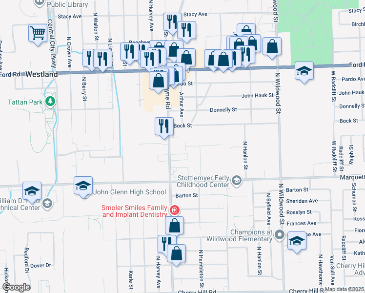 map of restaurants, bars, coffee shops, grocery stores, and more near 1159 Shoemaker Drive in Westland