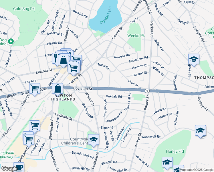 map of restaurants, bars, coffee shops, grocery stores, and more near 81 Cloverdale Road in Newton