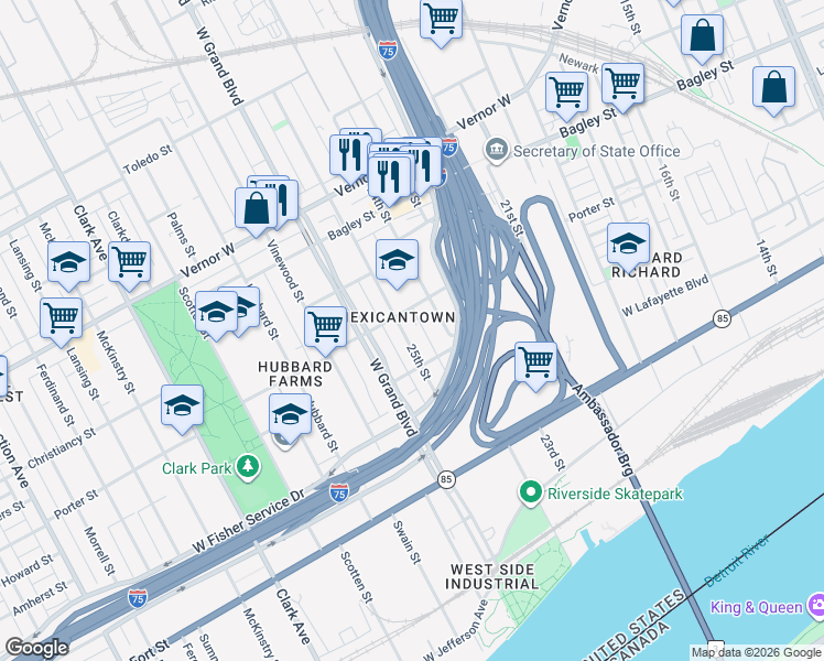 map of restaurants, bars, coffee shops, grocery stores, and more near 1272 25th Street in Detroit