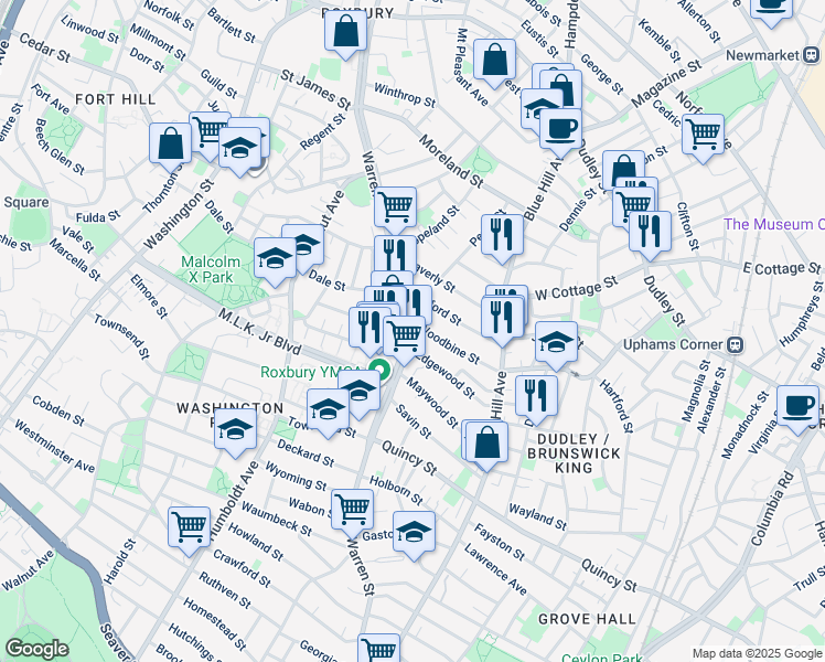map of restaurants, bars, coffee shops, grocery stores, and more near 328 Warren Street in Boston