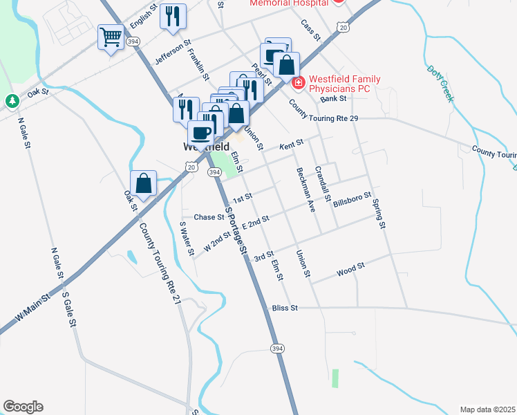 map of restaurants, bars, coffee shops, grocery stores, and more near 67 Elm Street in Westfield
