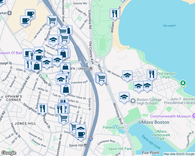 map of restaurants, bars, coffee shops, grocery stores, and more near 25 - 35 William T Morrissey Boulevard in Boston