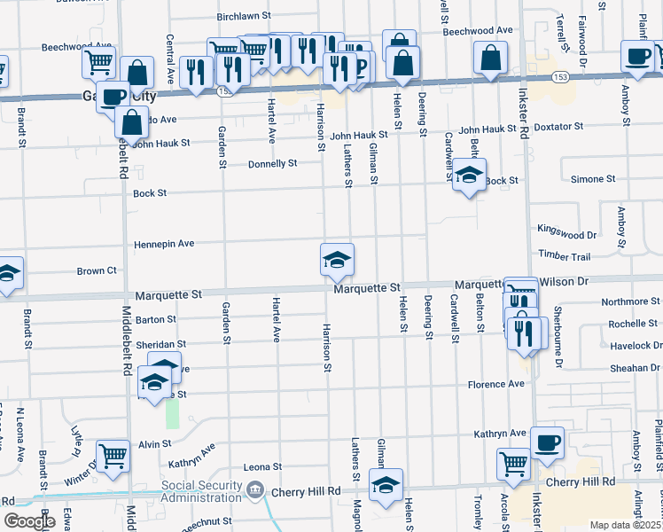 map of restaurants, bars, coffee shops, grocery stores, and more near 1162 Harrison Road in Garden City