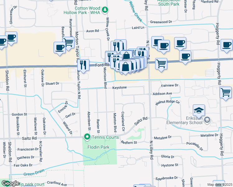 map of restaurants, bars, coffee shops, grocery stores, and more near 1810 Manton Blvd in Canton