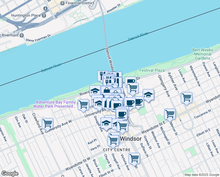 map of restaurants, bars, coffee shops, grocery stores, and more near 100 Ouellette Avenue in Windsor