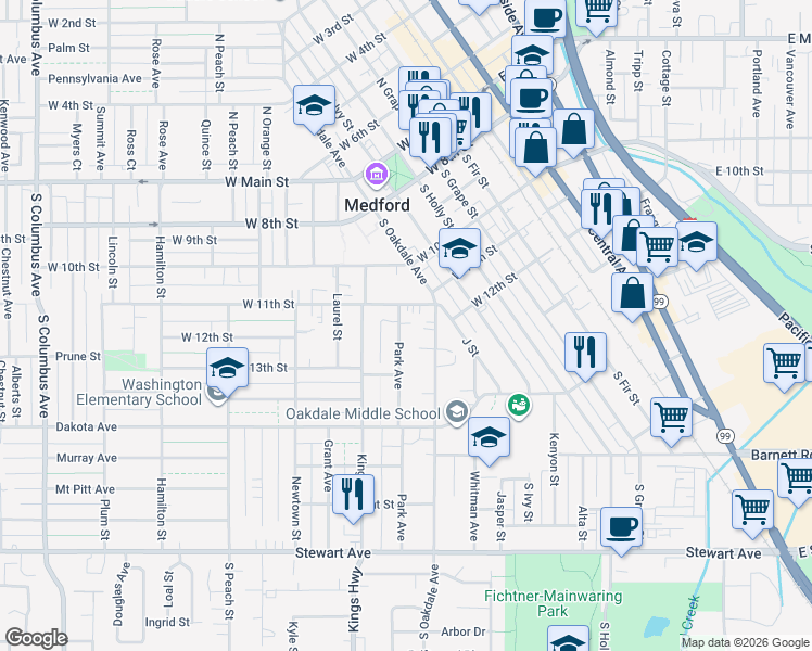 map of restaurants, bars, coffee shops, grocery stores, and more near 415 Park Avenue in Medford
