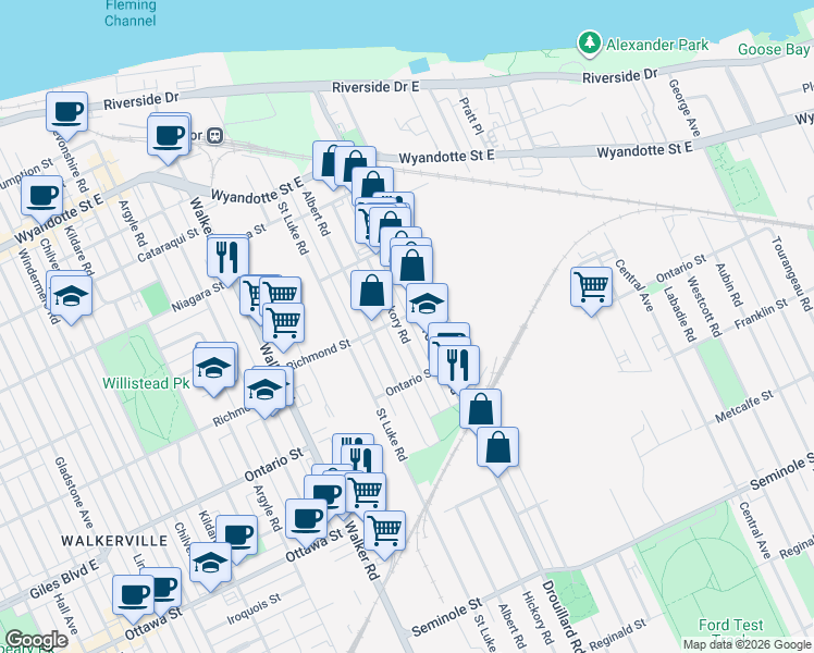 map of restaurants, bars, coffee shops, grocery stores, and more near 1112 Hickory Road in Windsor