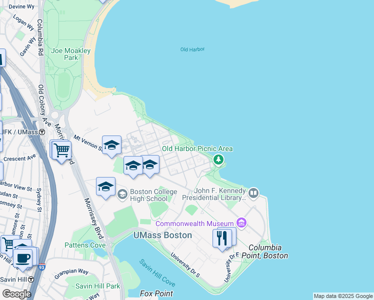 map of restaurants, bars, coffee shops, grocery stores, and more near 24 Oyster Bay Road in Boston