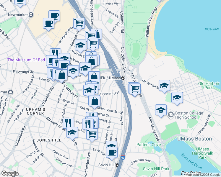 map of restaurants, bars, coffee shops, grocery stores, and more near 82 Crescent Avenue in Boston