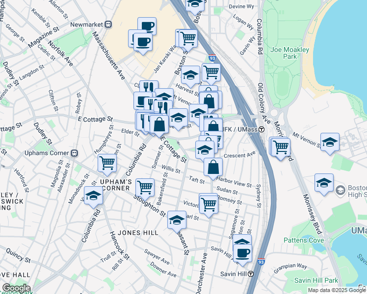 map of restaurants, bars, coffee shops, grocery stores, and more near 11 Pond Street in Boston