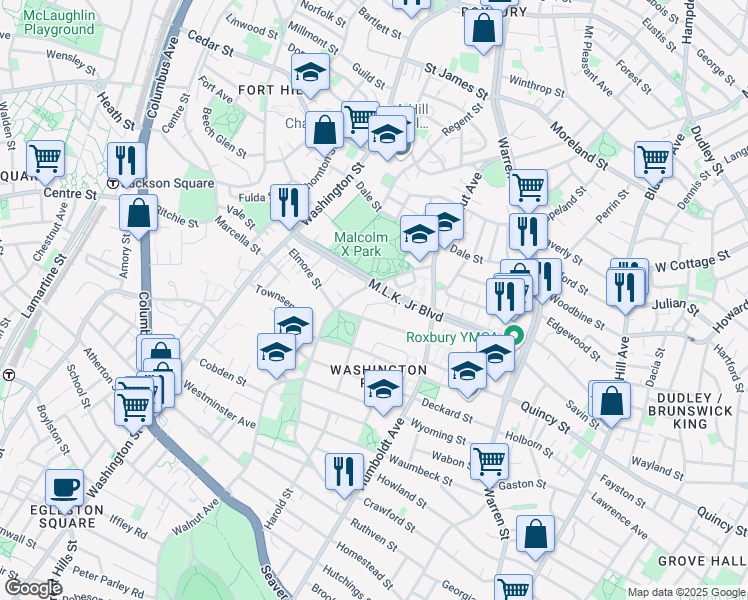 map of restaurants, bars, coffee shops, grocery stores, and more near 21 Harold Street in Boston