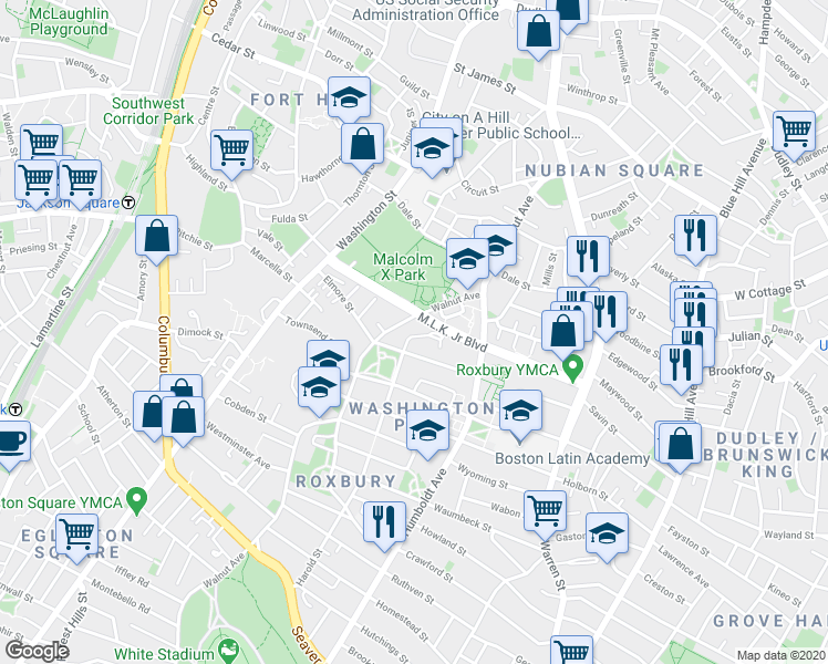 map of restaurants, bars, coffee shops, grocery stores, and more near 21 Harold Street in Boston