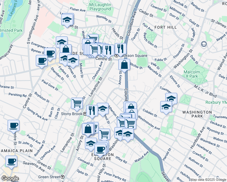 map of restaurants, bars, coffee shops, grocery stores, and more near 112-114 Amory Street in Boston
