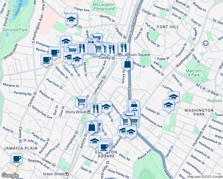 map of restaurants, bars, coffee shops, grocery stores, and more near 121 Amory Street in Boston