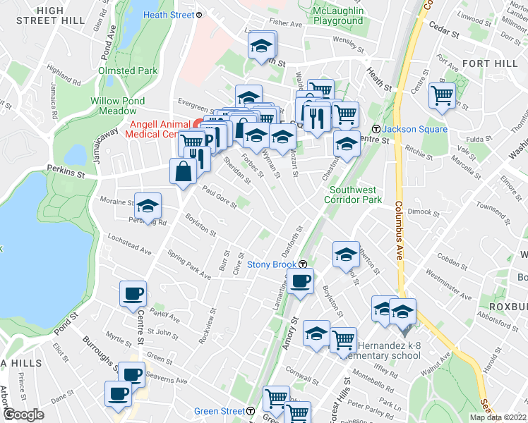 map of restaurants, bars, coffee shops, grocery stores, and more near 106 Sheridan Street in Boston