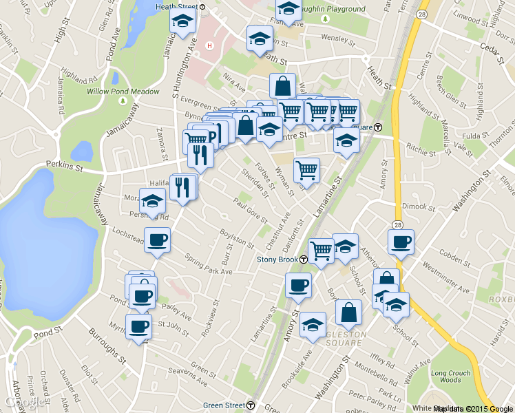 map of restaurants, bars, coffee shops, grocery stores, and more near 80 Paul Gore Street in Boston