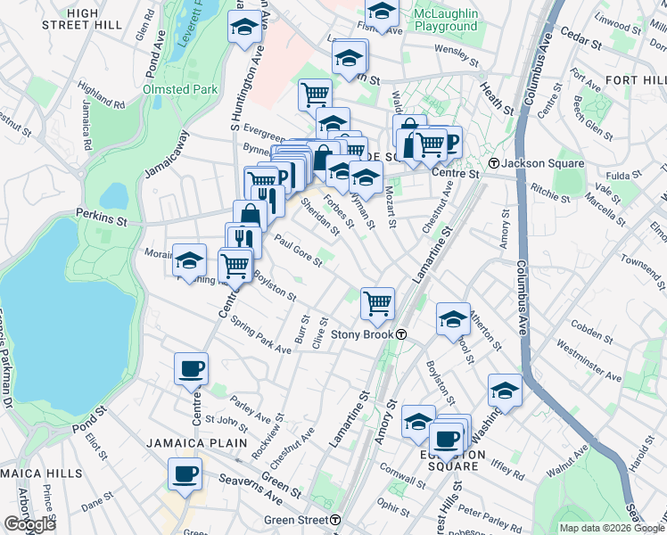 map of restaurants, bars, coffee shops, grocery stores, and more near 80 Paul Gore Street in Boston