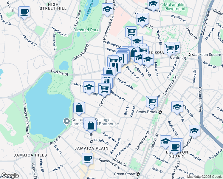 map of restaurants, bars, coffee shops, grocery stores, and more near 15 Oakview Terrace in Boston
