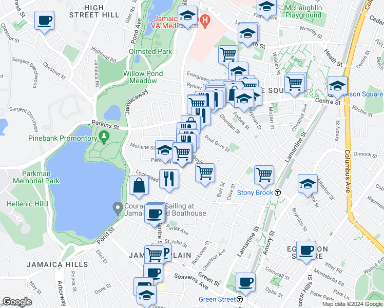 map of restaurants, bars, coffee shops, grocery stores, and more near 463 Centre Street in Boston
