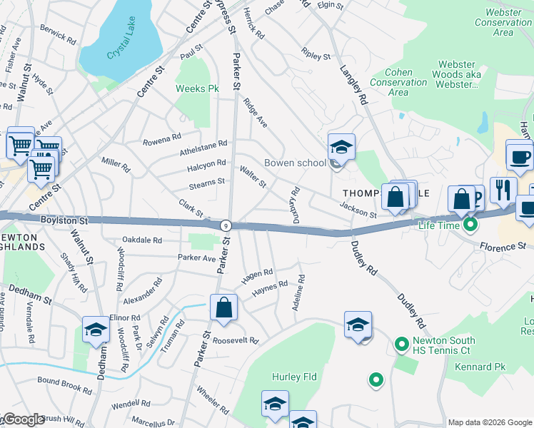 map of restaurants, bars, coffee shops, grocery stores, and more near 24 Lantern Lane in Newton