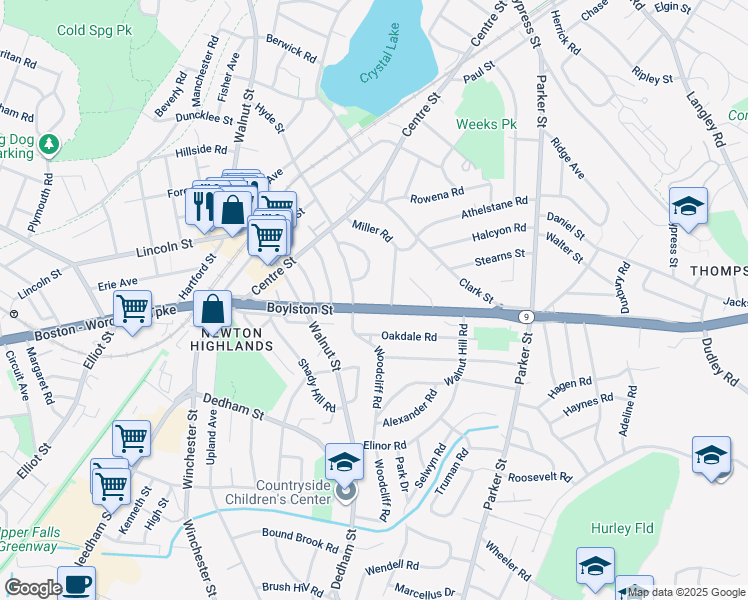map of restaurants, bars, coffee shops, grocery stores, and more near 81 Cloverdale Road in Newton