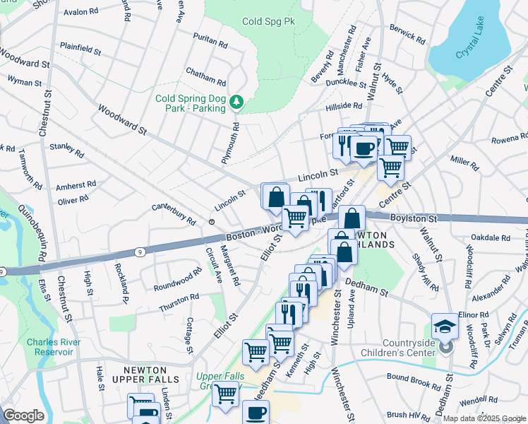 map of restaurants, bars, coffee shops, grocery stores, and more near 46 Woodward Street in Newton