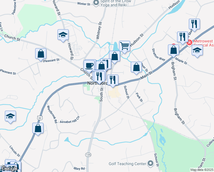 map of restaurants, bars, coffee shops, grocery stores, and more near in Northborough