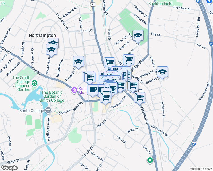 map of restaurants, bars, coffee shops, grocery stores, and more near 109 Main Street in Northampton