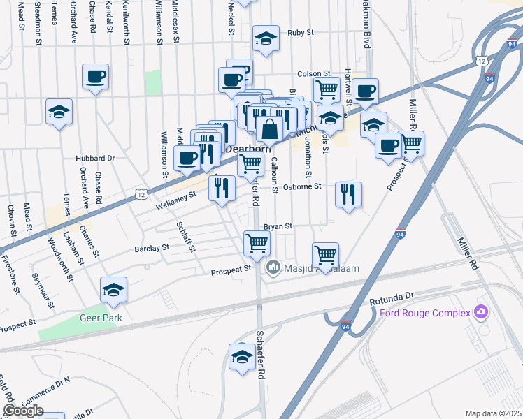 map of restaurants, bars, coffee shops, grocery stores, and more near 4253 Calhoun Street in Dearborn