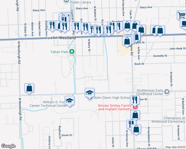 map of restaurants, bars, coffee shops, grocery stores, and more near 36070 Abbey Drive in Westland