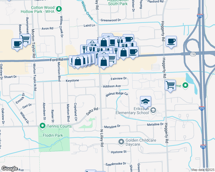 map of restaurants, bars, coffee shops, grocery stores, and more near 42295 Fairview Drive in Canton