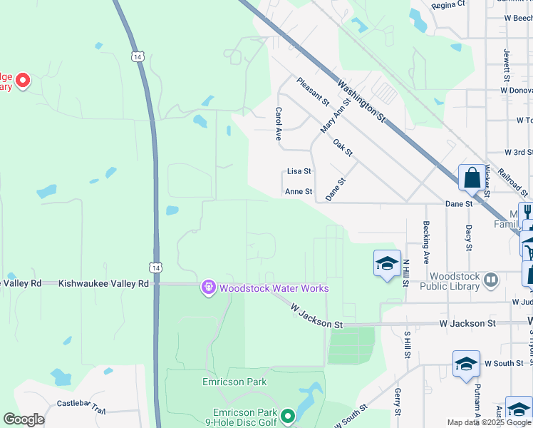 map of restaurants, bars, coffee shops, grocery stores, and more near 600 Borden Street in Woodstock