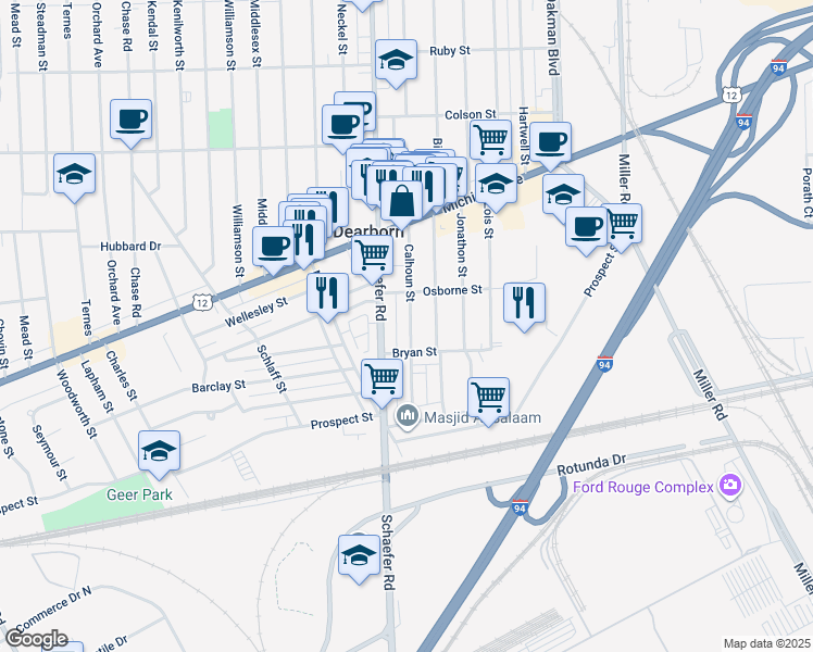 map of restaurants, bars, coffee shops, grocery stores, and more near 4253 Calhoun Street in Dearborn