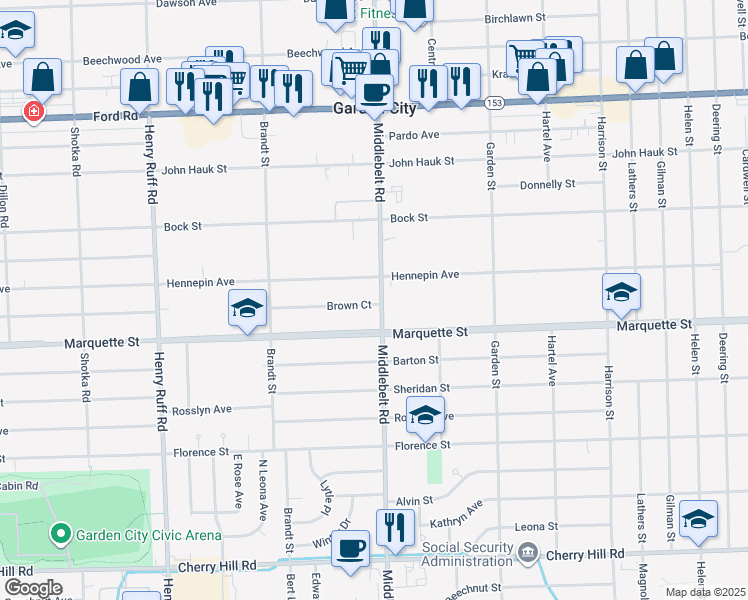 map of restaurants, bars, coffee shops, grocery stores, and more near 29416 Brown Court in Garden City
